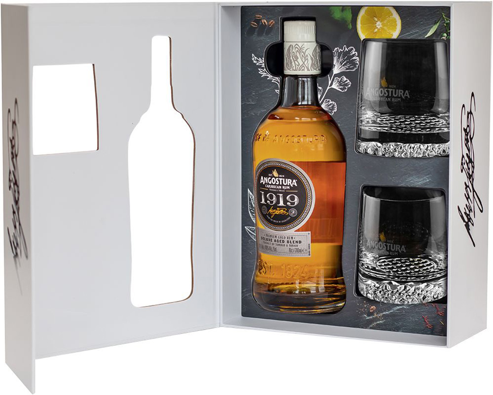 Angostura premium rum and glass tumblers in packaging